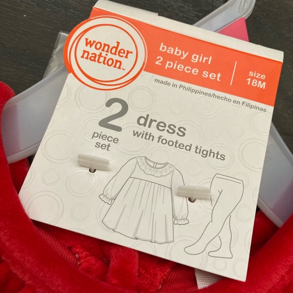 Girls Red Velour Long Sleeve Dress & White Tights Set 18 months - Picture 3 of 7